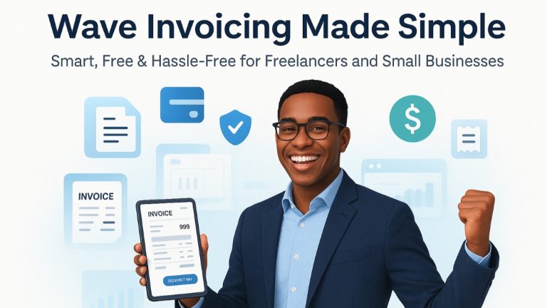 Wave Invoicing featured image showing freelancer using invoicing software with icons for free invoicing, payment reminders, multi-currency support, and security.