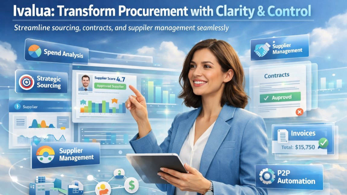 Ivalua Source-to-Pay platform dashboard showing procurement, spend analysis, supplier management and automation