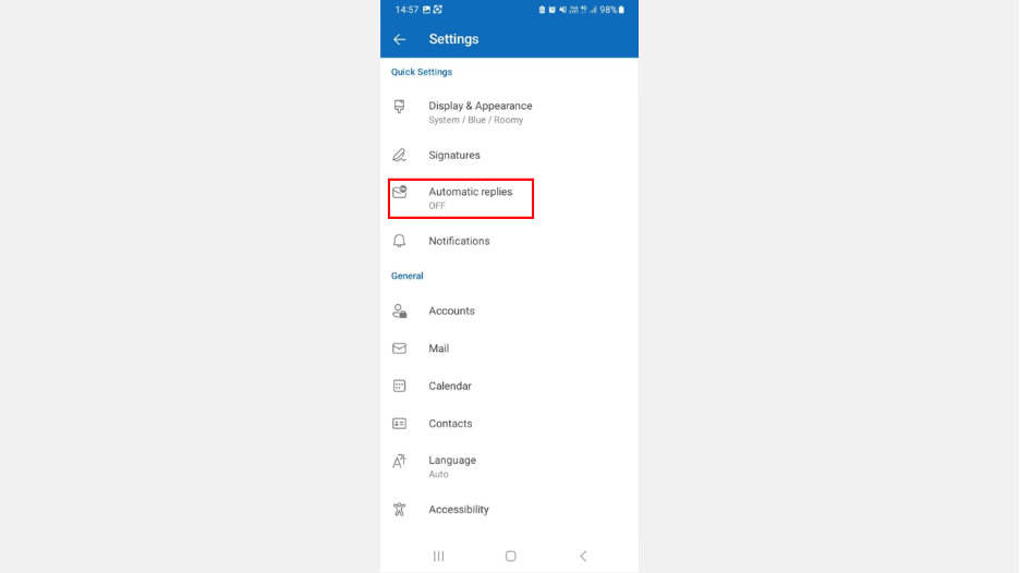 Select “Automatic Replies” under Quick Settings.