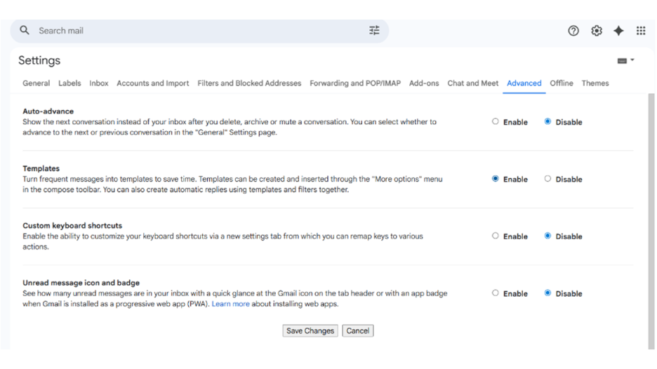 Advanced tab, find “Template” and click “Enable.”