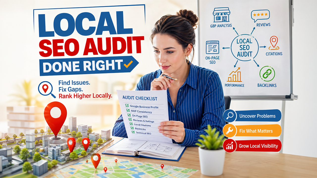Local SEO audit process showing checklist, Google Business Profile optimization, and local ranking analysis
