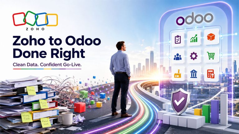 Zoho to Odoo migration process showing secure ERP data migration, field mapping, and business workflow transition.