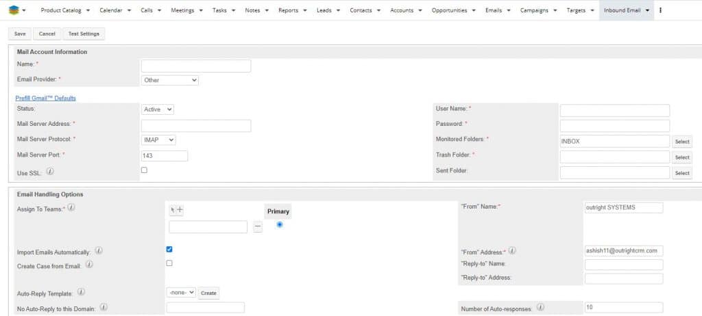 Configure SugarCRM Inbound Settings