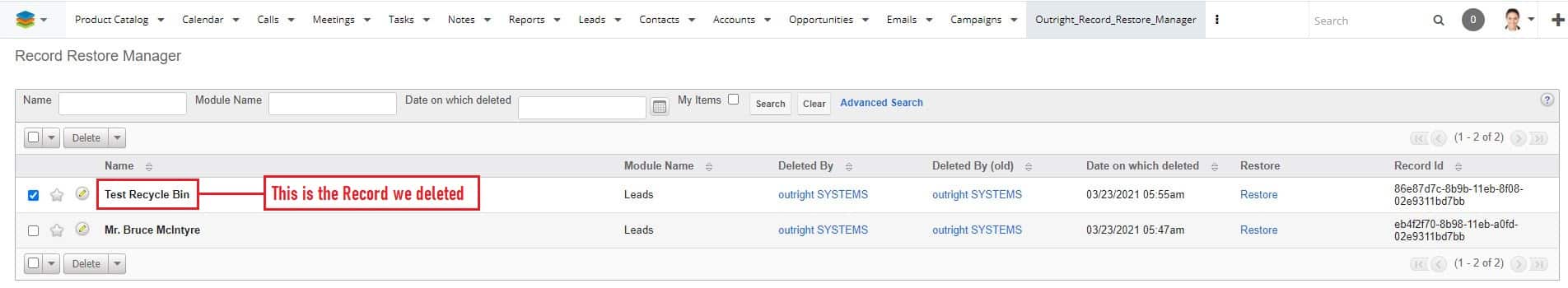 sugarcrm restore manager