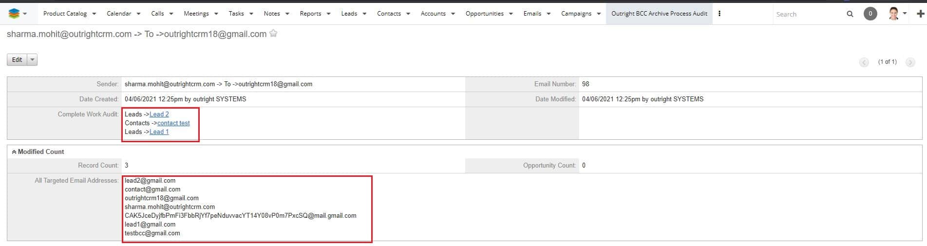 sugarcrm bcc