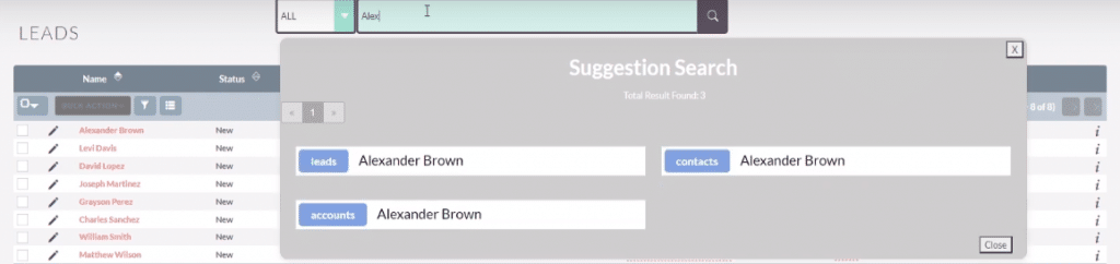 SuiteCRM Live Search Results