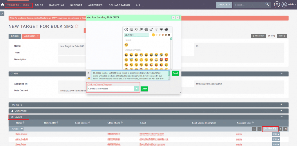 SutieCRM Twilio SMS