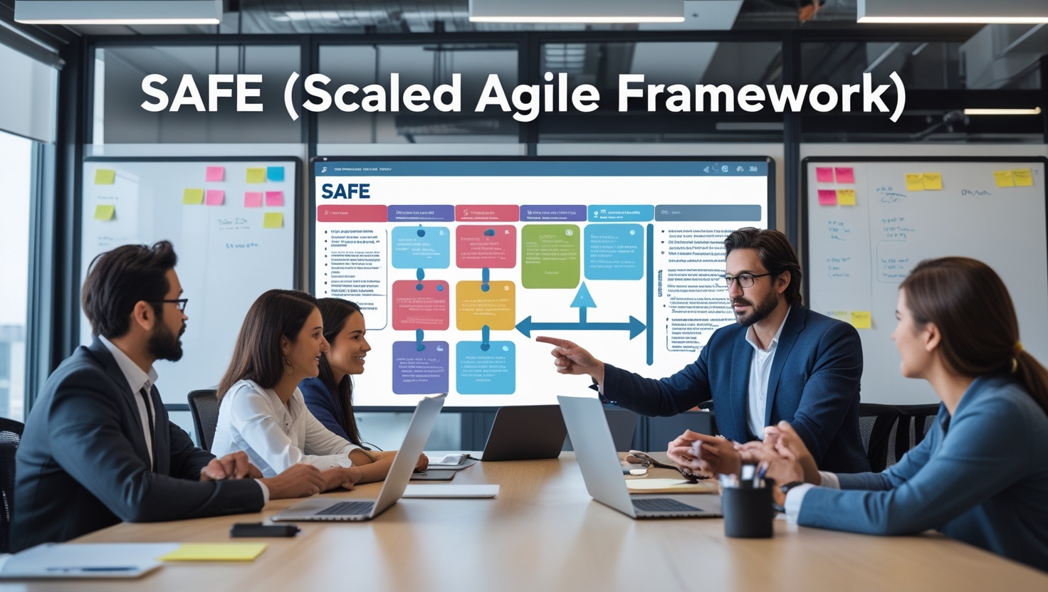 Scrum Master leading an agile team meeting with SAFe (Scaled Agile Framework) board in a modern office setting