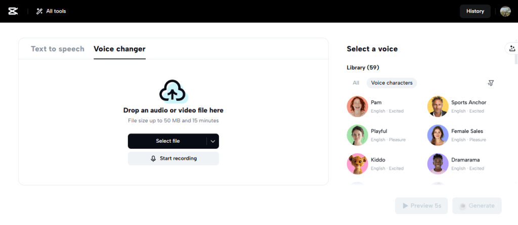Voice Changer Applications interface showcasing text-to-speech conversion and character voice selection features