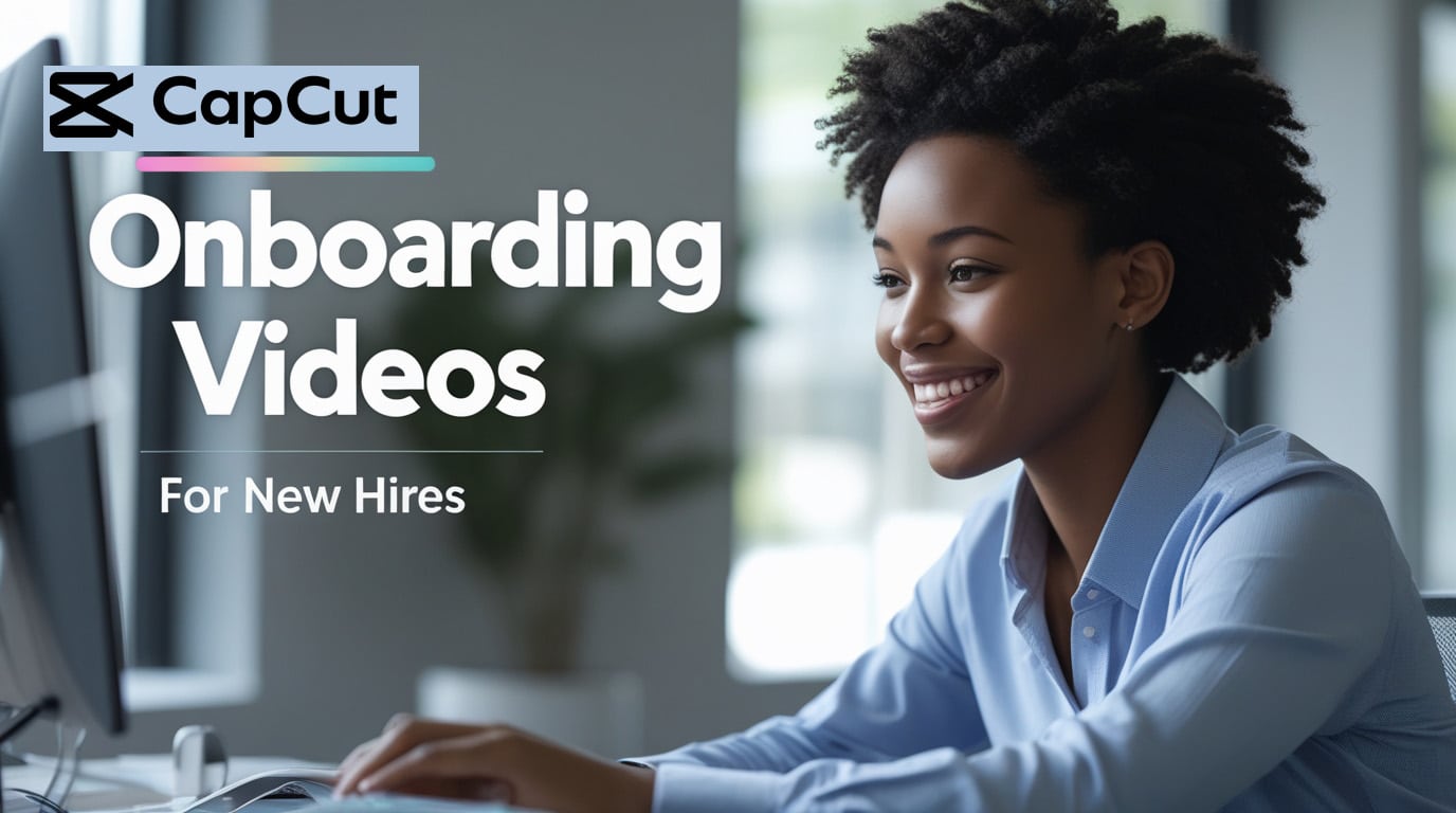 CapCut Desktop onboarding video concept featuring smiling new hire, 3D text glow in top-left corner with welcoming office environment.