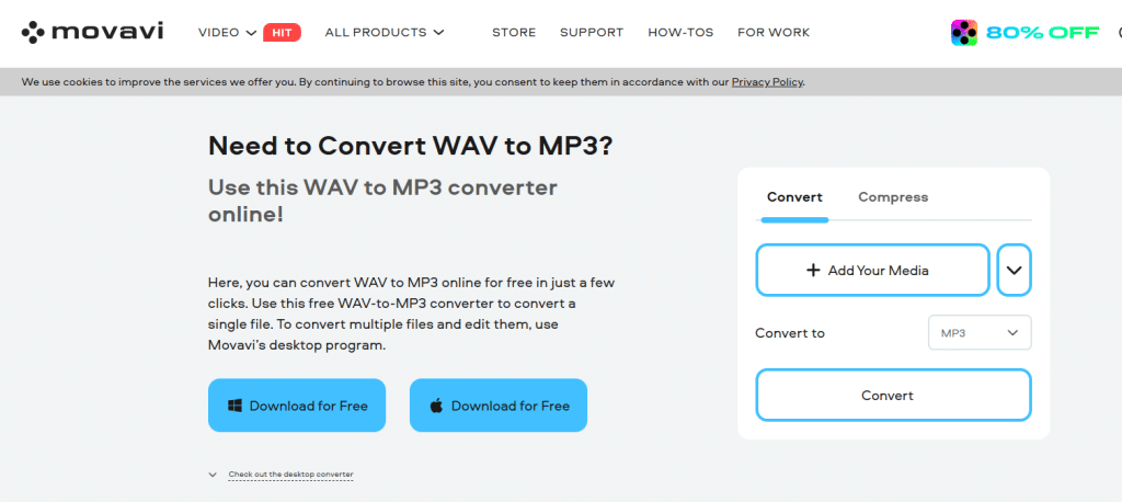 Convert WAV to MP3 using Movavi online converter interface – user-friendly tool for fast audio conversion