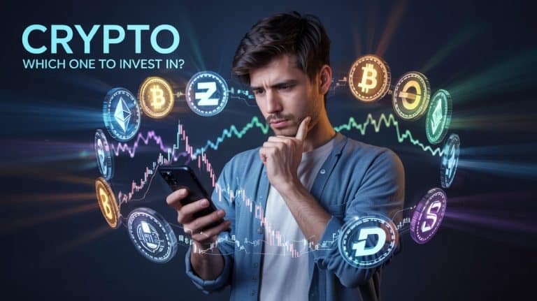 Confused user surrounded by multiple cryptocurrency options like Bitcoin and Ethereum with dark indigo gradient background – Best Cryptocurrency To Buy