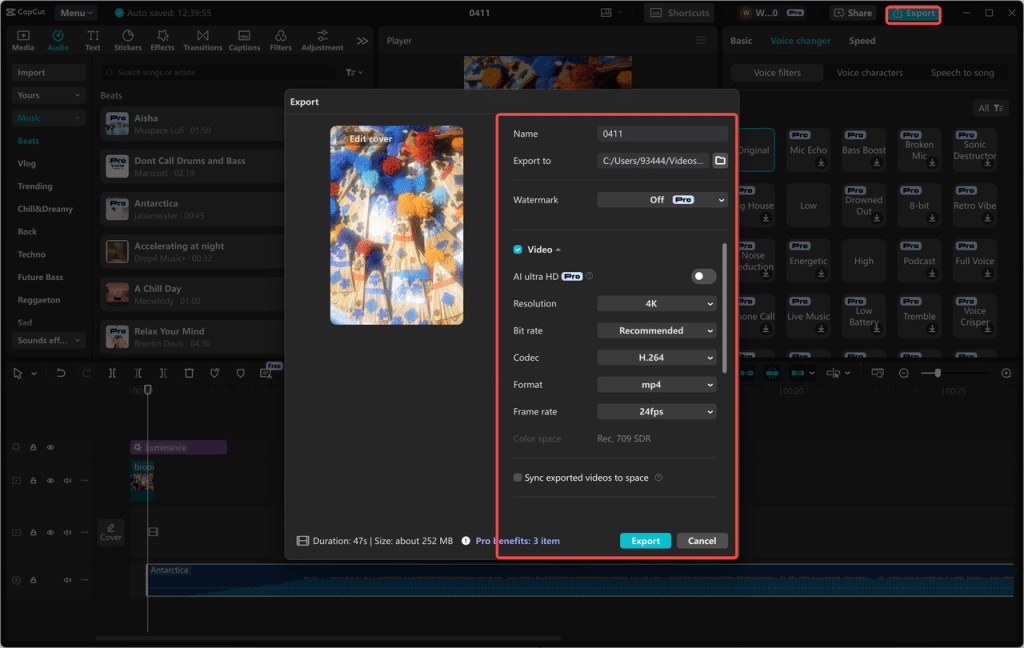 CapCut export settings window showing video resolution, codec, and format options for exporting onboarding videos in high quality.
