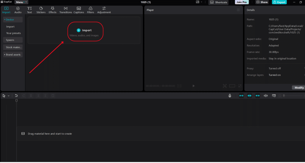 CapCut desktop interface showing the import screen for uploading videos, audios, and images to create onboarding videos for new hires.