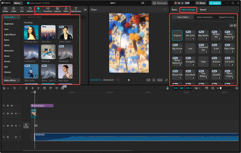 CapCut desktop editor displaying video effects panel and voice changer settings, showing how to add personalized touches to onboarding videos.