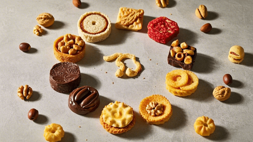 Zodiac snack sticker-inspired layout featuring assorted cookies and nuts in astrological circle arrangement