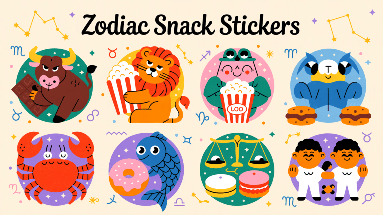 Flat-lay illustration of 12 zodiac signs as cute snack-themed characters like chocolate Taurus, popcorn Leo, cupcake Cancer, donut Pisces, macaron Libra, and candy Gemini, surrounded by zodiac symbols, stars, and constellations in a pastel sticker style.