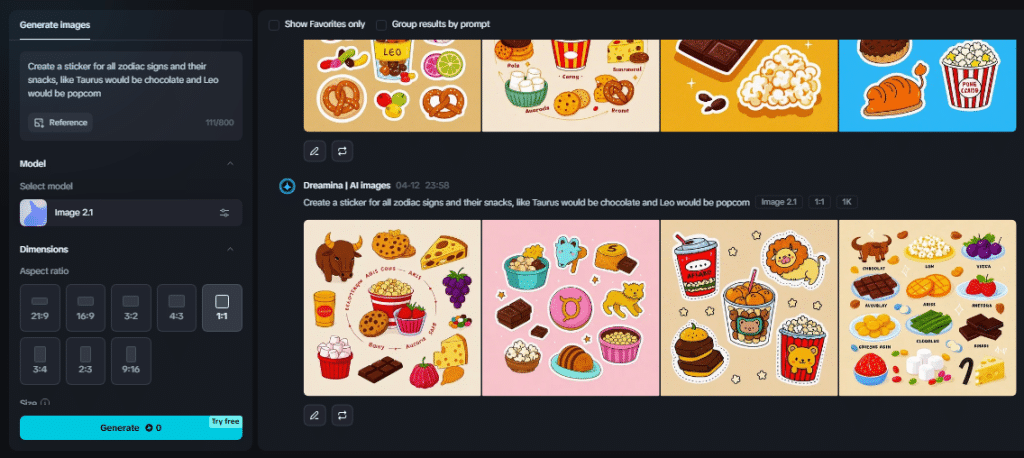 Zodiac snack stickers featuring all horoscope signs with their corresponding treats like chocolate for Taurus and popcorn for Leo