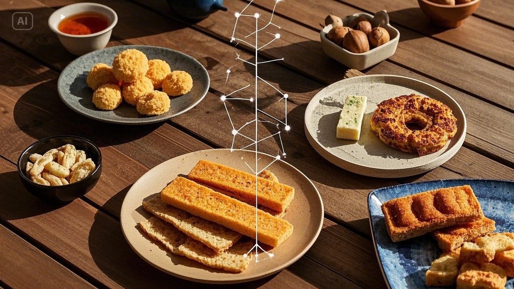 Elegant zodiac snack sticker concept featuring gourmet treats on wooden table, symbolizing each horoscope sign's favorite snack