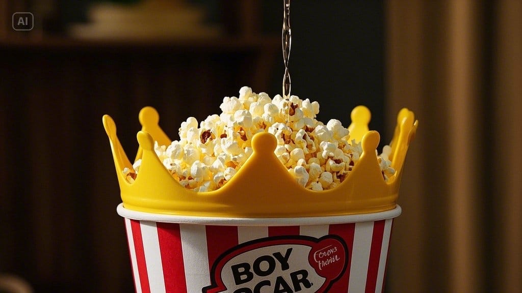 Zodiac snack sticker concept of popcorn in a royal crown-shaped container, symbolizing Leo