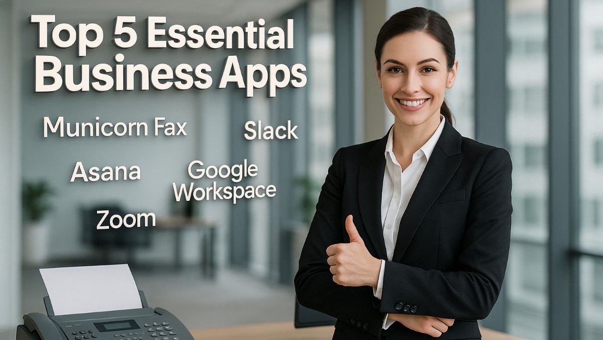 Businesswoman in modern office with fax machine and computer, giving thumbs up, surrounded by floating app names Municorn Fax, Slack, Asana, Google Workspace, and Zoom. 3D text in top-left corner reads "Top 5 Essential Business Apps