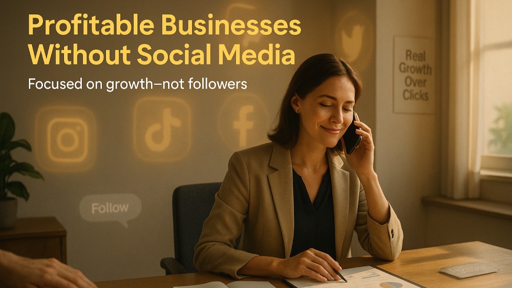 A business owner focused on work, representing profitable businesses without social media