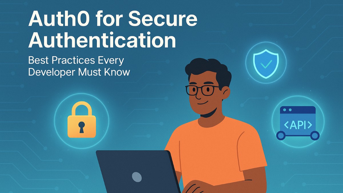 Illustration of a developer using Auth0 for secure authentication with MFA, tokens, and API security icons
