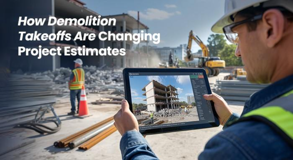 Construction worker using demolition takeoff software on a tablet to estimate project costs at a demolition site