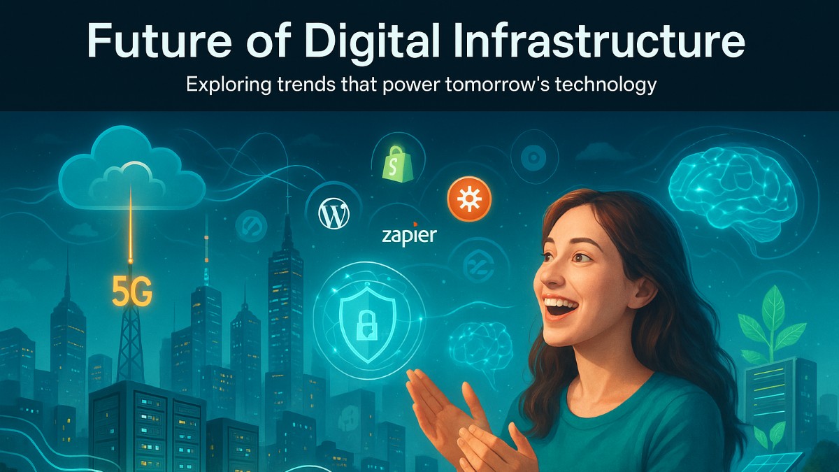 Illustration of futuristic digital infrastructure with 5G towers, cloud computing, AI, cybersecurity, and eco-friendly data centers.
