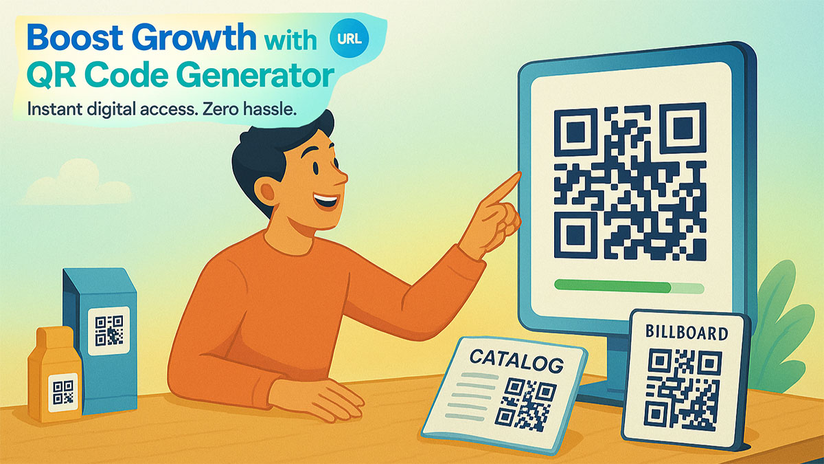 Young professional generating a QR code for URLs on a bright digital screen, surrounded by marketing materials and icons representing analytics, security, and URL links