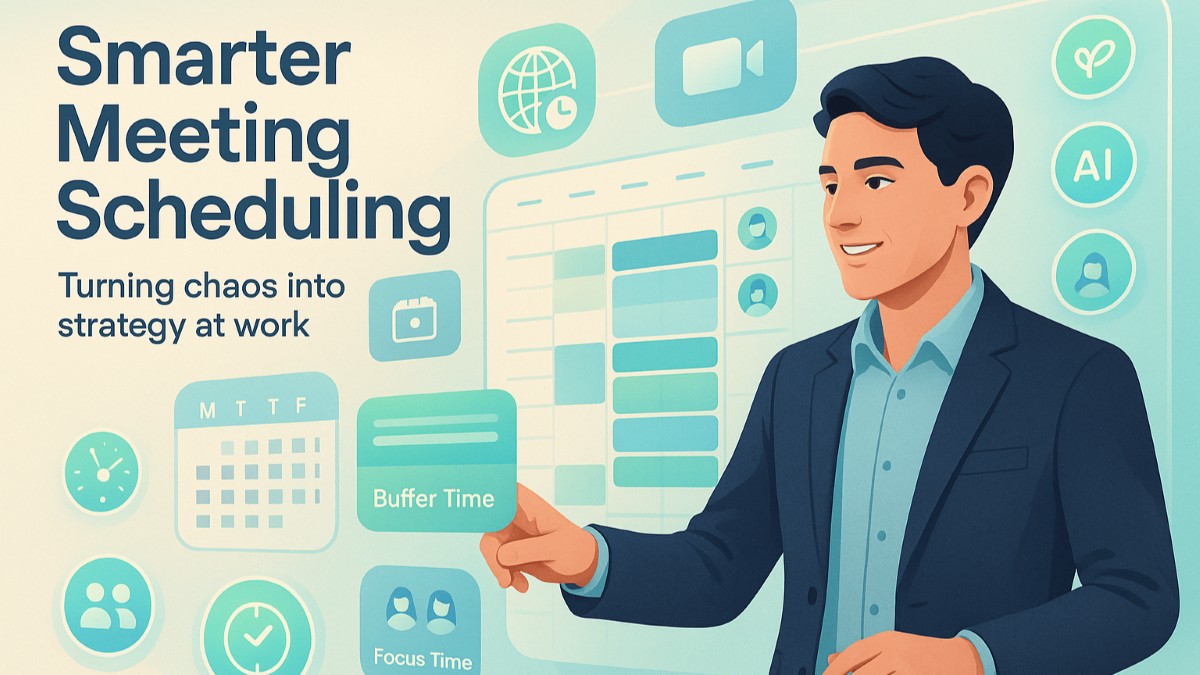 Professional using modern scheduling tools with digital calendar and collaboration icons, representing smart scheduled meeting strategy.