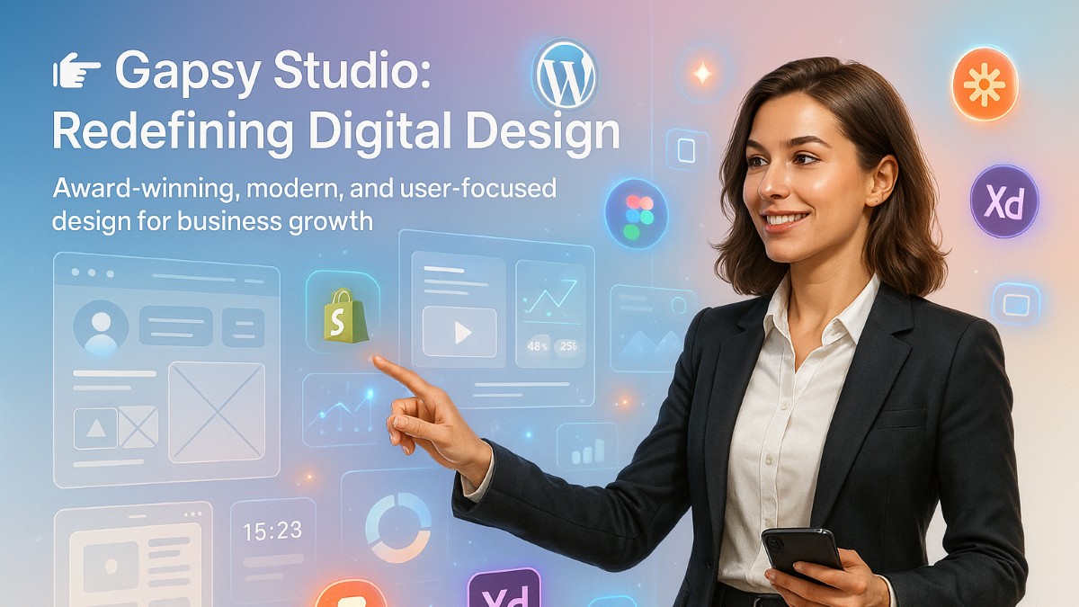 Ultra realistic featured image of Gapsy Studio, a top design agency, showing a confident professional exploring modern digital design with UI/UX elements, icons, and creative tools.
