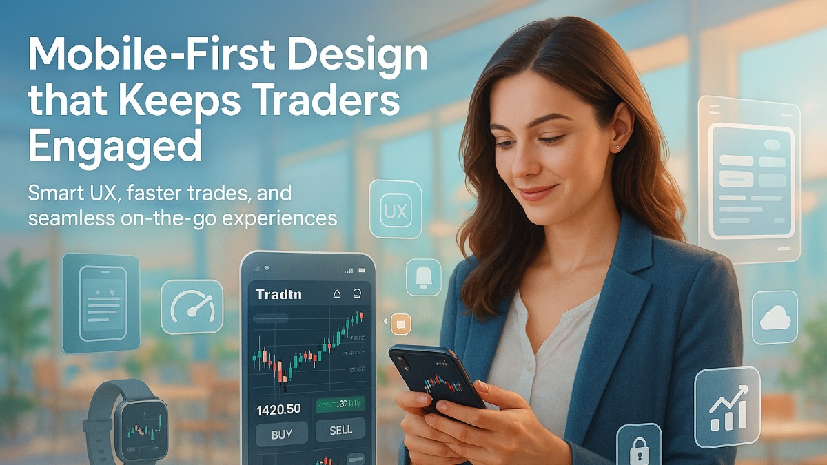 Ultra realistic image showing a confident woman using a trading app on her smartphone with floating UI charts and icons, representing mobile-first design and user engagement.