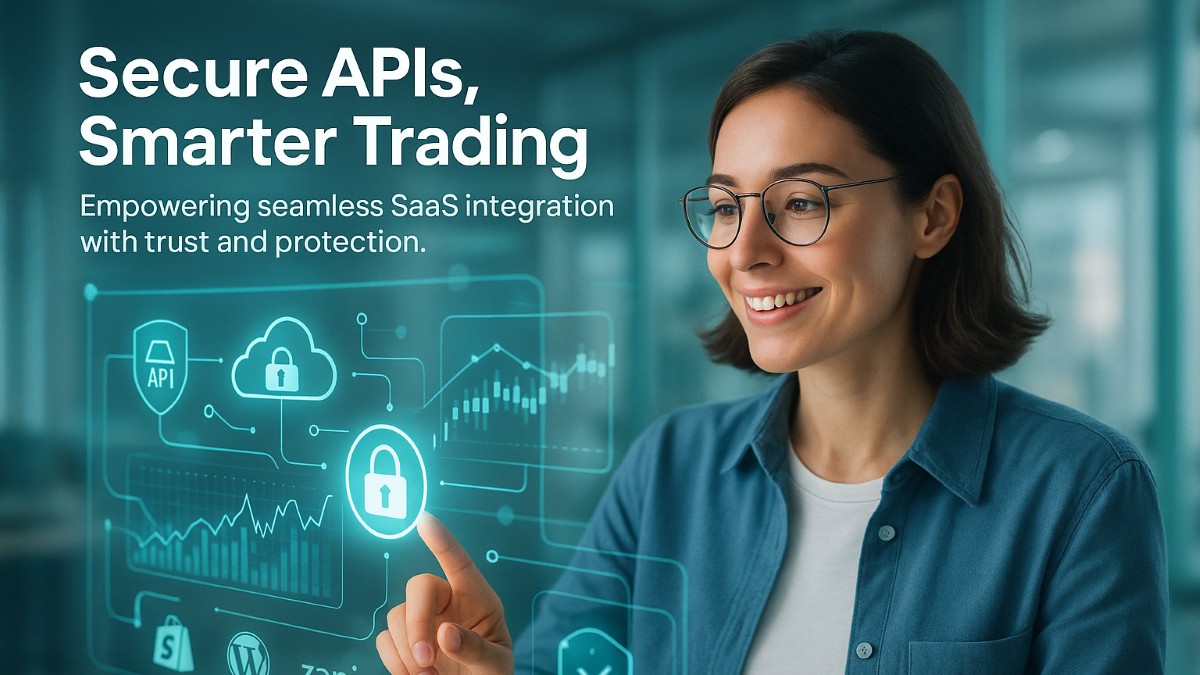 Young professional interacting with a futuristic trading dashboard showing secure API connections, encryption shields, and SaaS app integrations in a bright modern workspace.