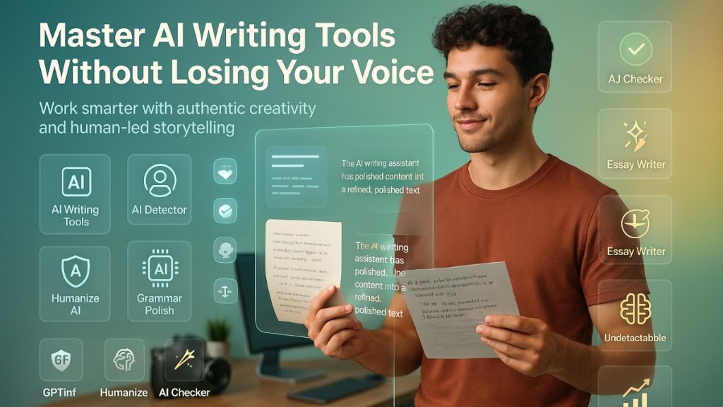 Featured image showing a content creator using AI writing tools responsibly, balancing human creativity with technology through an active hybrid workflow