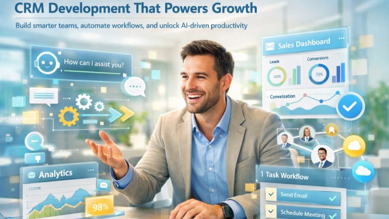 Hyper-realistic illustration of a confident professional actively using AI-powered CRM dashboards and automation tools for CRM development.