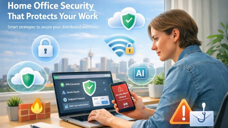 Home office security setup protecting a distributed workforce with secure VPN, endpoint protection and data safety tools